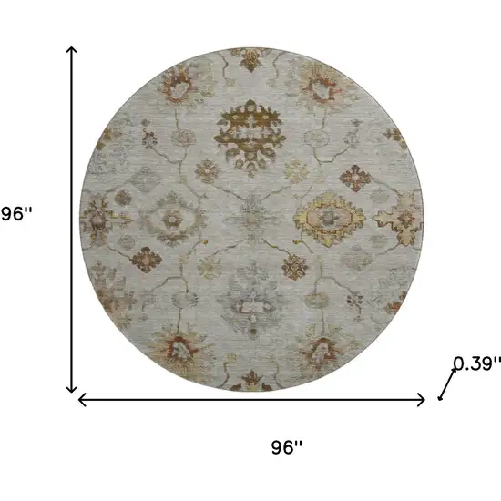 8' Taupe And Beige Oriental Washable Round Rug With UV Protection Photo 8
