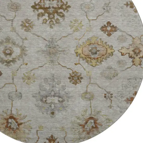 8' Taupe And Beige Oriental Washable Round Rug With UV Protection Photo 3