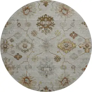 Photo of 8' Taupe And Beige Oriental Washable Round Rug With UV Protection