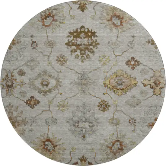 8' Taupe And Beige Oriental Washable Round Rug With UV Protection Photo 1