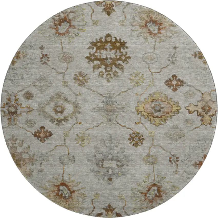 8' Taupe And Beige Oriental Washable Round Rug With UV Protection Photo 1