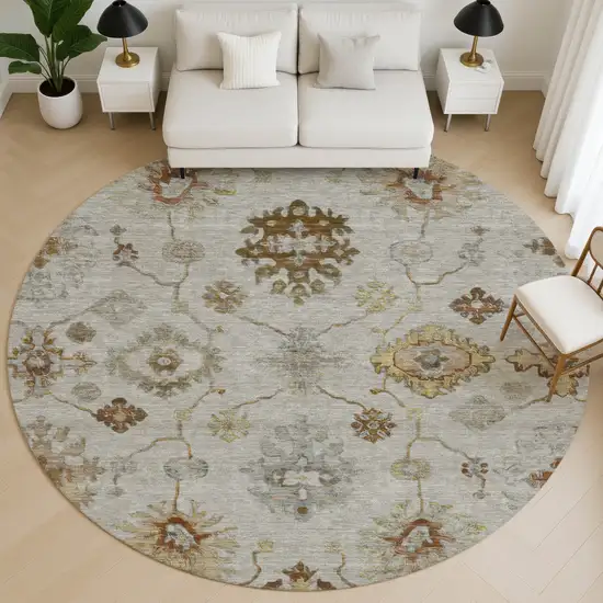 8' Taupe And Beige Oriental Washable Round Rug With UV Protection Photo 5