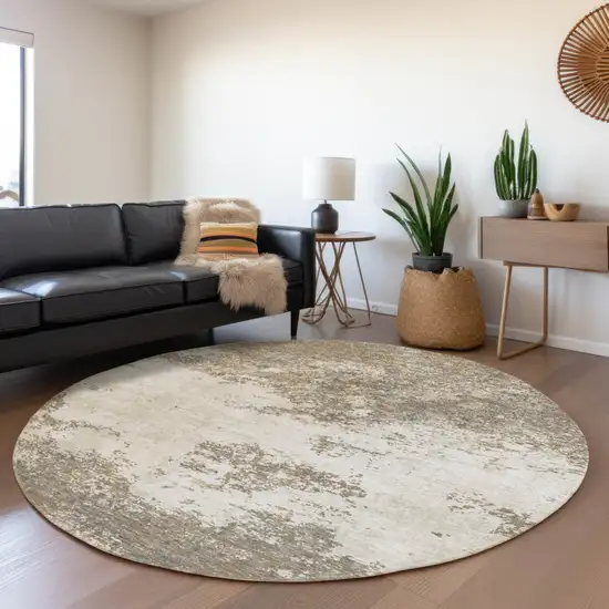 8' Taupe And Beige Round Abstract Washable Indoor Outdoor Area Rug Photo 7