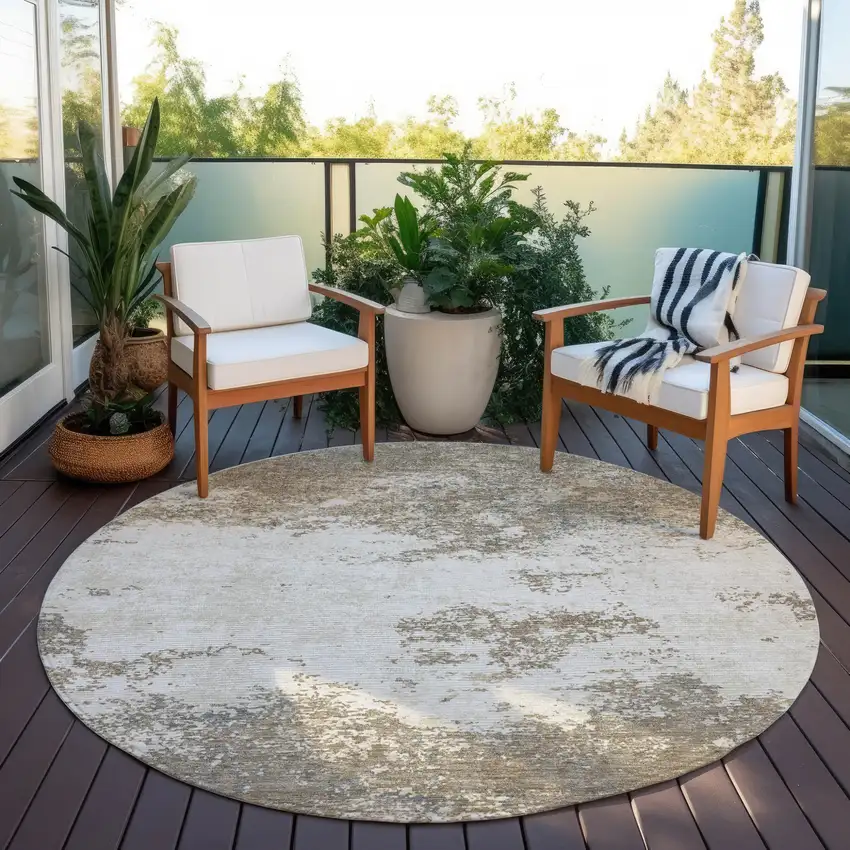 8' Taupe And Beige Round Abstract Washable Indoor Outdoor Area Rug Photo 6