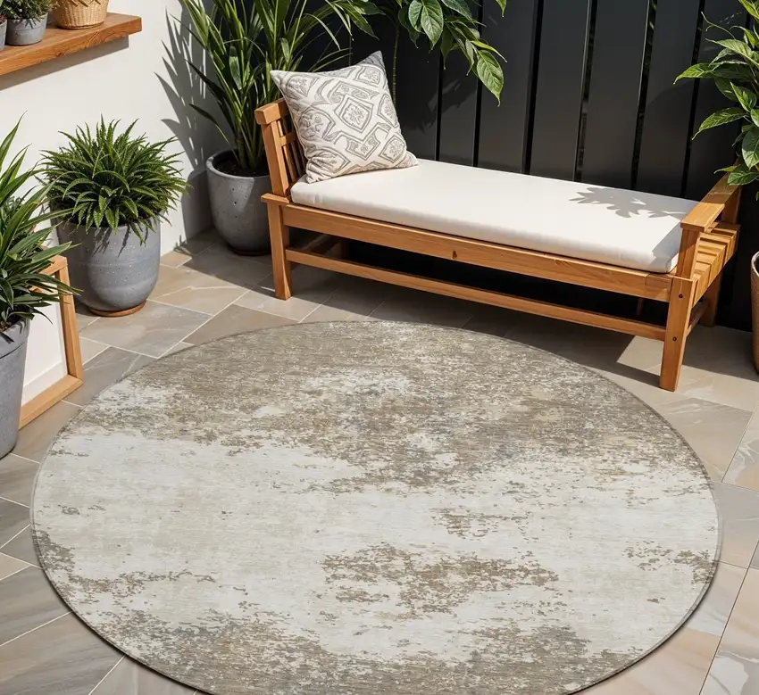8' Taupe And Beige Round Abstract Washable Indoor Outdoor Area Rug Photo 1