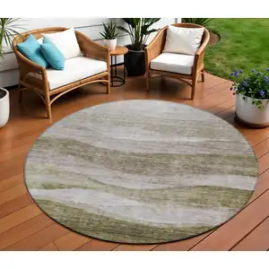 Photo of 8' Taupe And Beige Round Abstract Washable Indoor Outdoor Area Rug