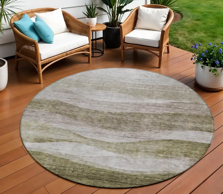 8' Taupe And Beige Round Abstract Washable Indoor Outdoor Area Rug Photo 1