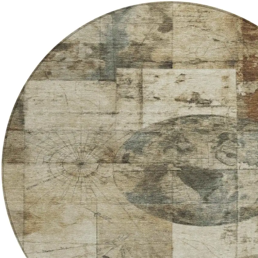 8' Taupe And Beige Round Abstract Washable Indoor Outdoor Area Rug Photo 4