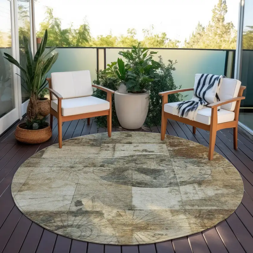 8' Taupe And Beige Round Abstract Washable Indoor Outdoor Area Rug Photo 6