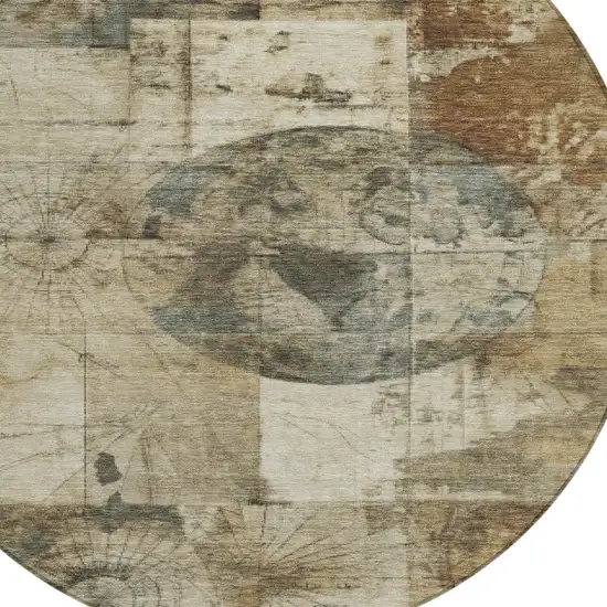 8' Taupe And Beige Round Abstract Washable Indoor Outdoor Area Rug Photo 9