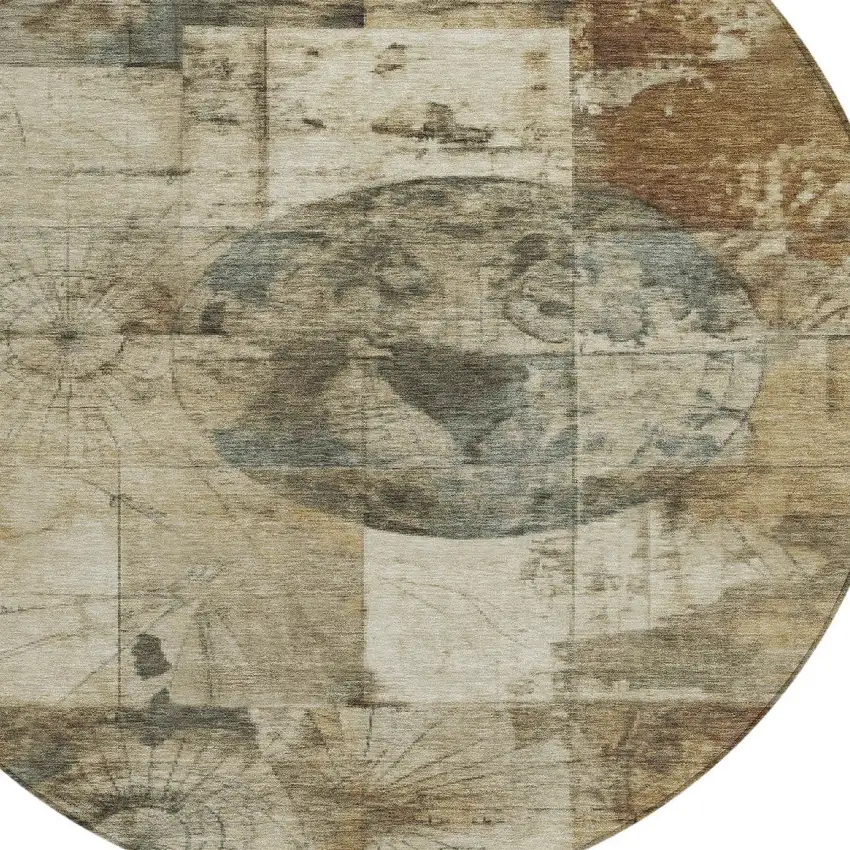 8' Taupe And Beige Round Abstract Washable Indoor Outdoor Area Rug Photo 9