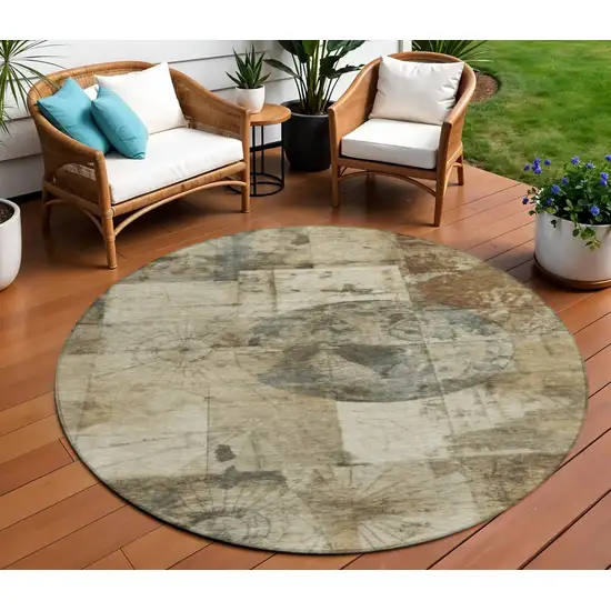 8' Taupe And Beige Round Abstract Washable Indoor Outdoor Area Rug Photo 2