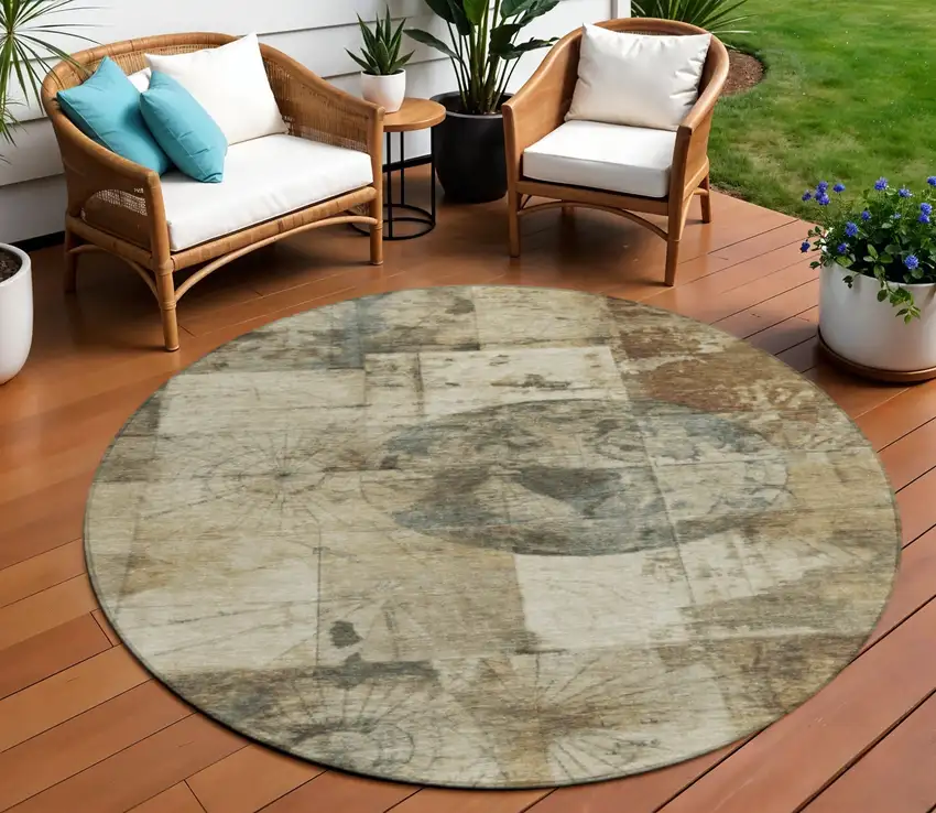 8' Taupe And Beige Round Abstract Washable Indoor Outdoor Area Rug Photo 2