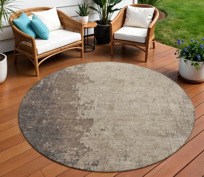 8' Taupe And Beige Round Abstract Washable Indoor Outdoor Area Rug Photo 2