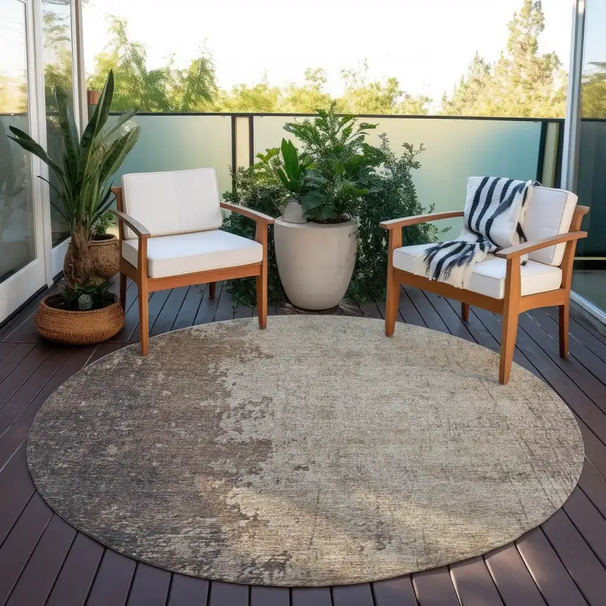 8' Taupe And Beige Round Abstract Washable Indoor Outdoor Area Rug Photo 6
