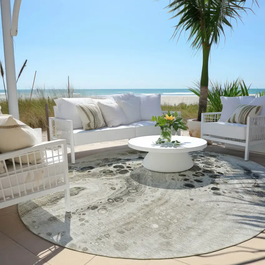 8' Taupe And Beige Round Abstract Washable Indoor Outdoor Area Rug Photo 5