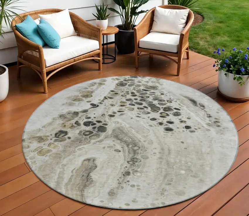 8' Taupe And Beige Round Abstract Washable Indoor Outdoor Area Rug Photo 2