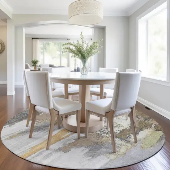 8' Taupe And Beige Round Abstract Washable Indoor Outdoor Area Rug Photo 6