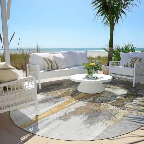 8' Taupe And Beige Round Abstract Washable Indoor Outdoor Area Rug Photo 5