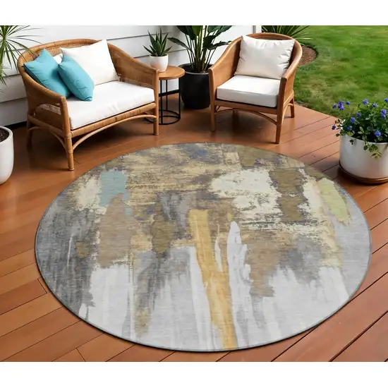 8' Taupe And Beige Round Abstract Washable Indoor Outdoor Area Rug Photo 2