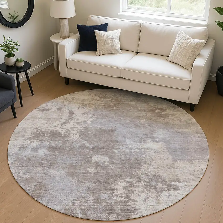 8' Taupe And Beige Round Abstract Washable Indoor Outdoor Area Rug Photo 5