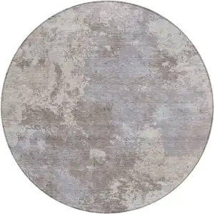 Photo of 8' Taupe And Beige Round Abstract Washable Indoor Outdoor Area Rug
