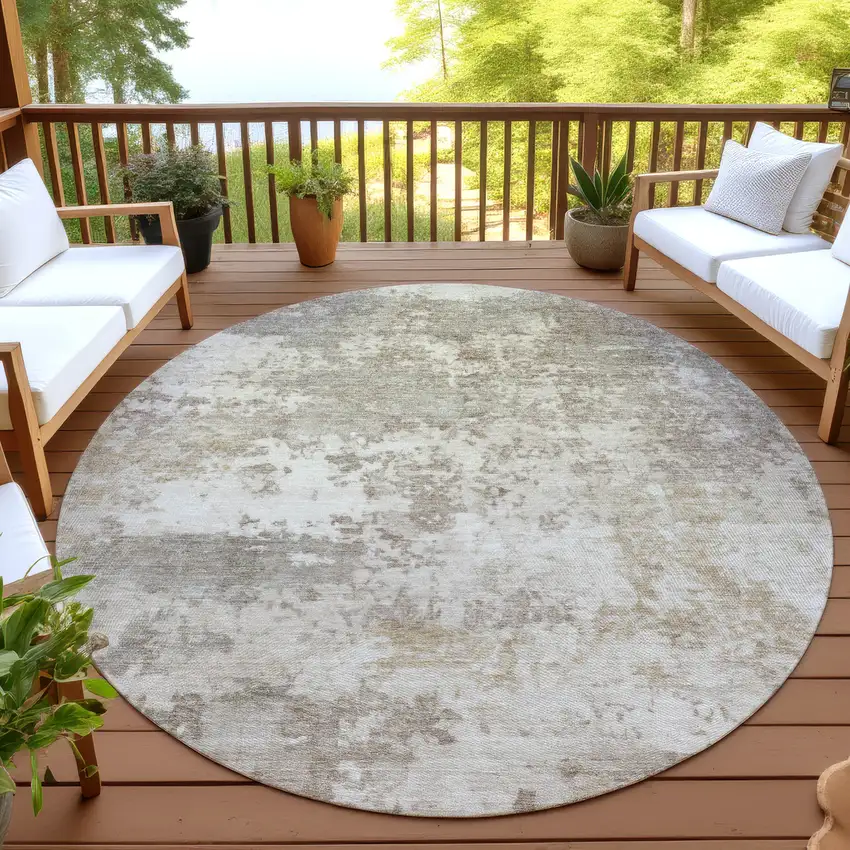 8' Taupe And Beige Round Abstract Washable Indoor Outdoor Area Rug Photo 4