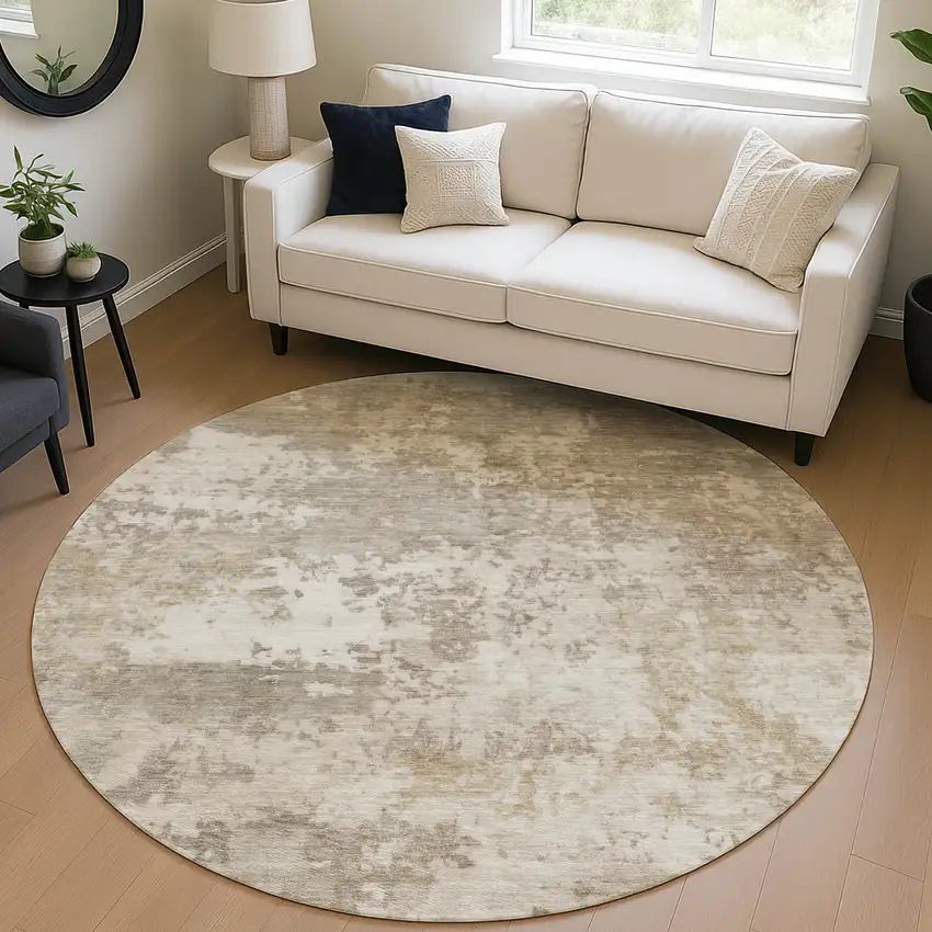 8' Taupe And Beige Round Abstract Washable Indoor Outdoor Area Rug Photo 5