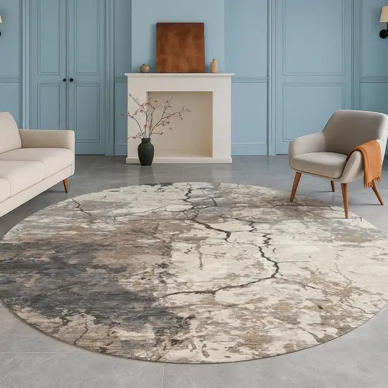 8' Taupe And Beige Round Abstract Washable Indoor Outdoor Area Rug Photo 5