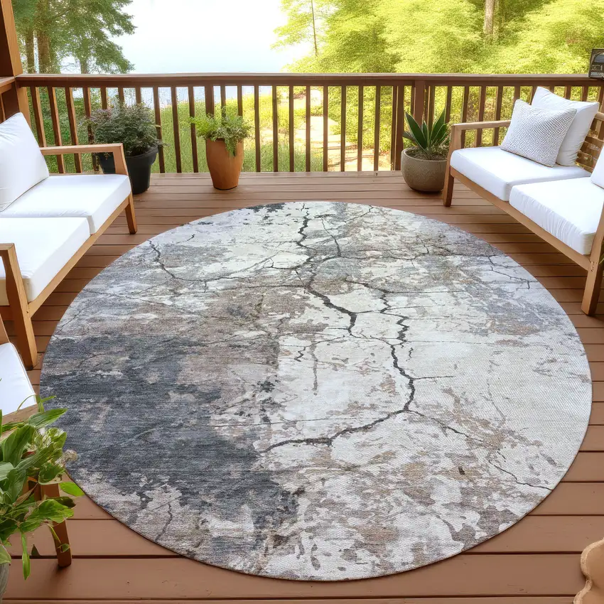 8' Taupe And Beige Round Abstract Washable Indoor Outdoor Area Rug Photo 4