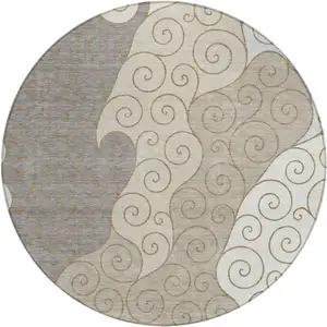 Photo of 8' Taupe And Beige Round Abstract Washable Indoor Outdoor Area Rug