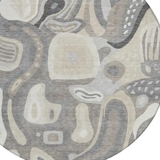 8' Taupe And Beige Round Abstract Washable Indoor Outdoor Area Rug Photo 3