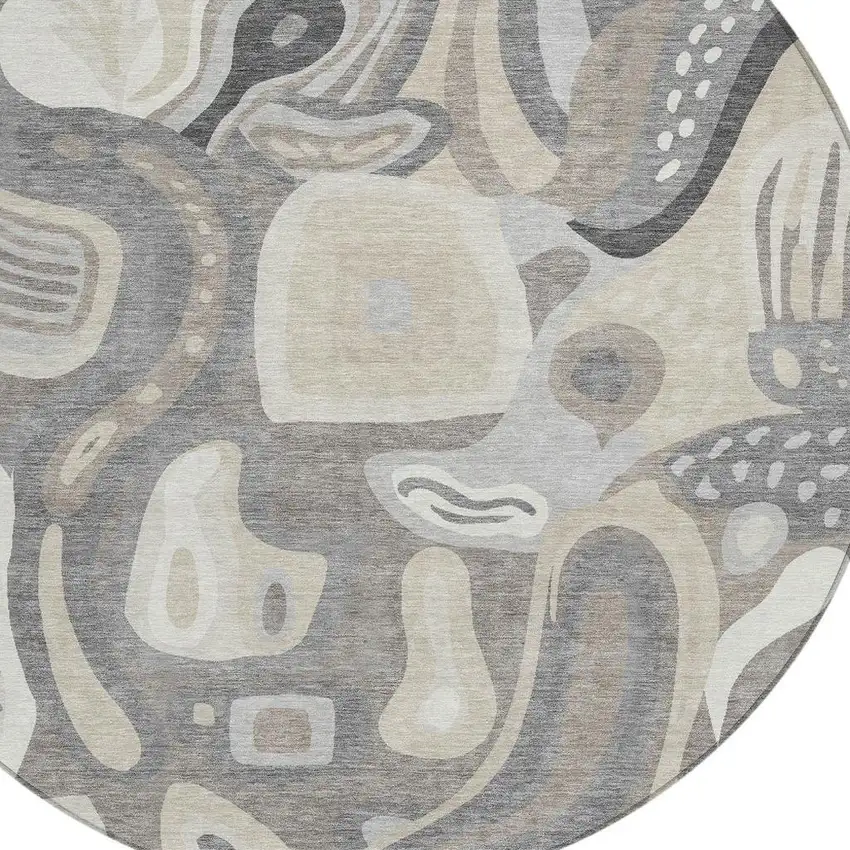 8' Taupe And Beige Round Abstract Washable Indoor Outdoor Area Rug Photo 3