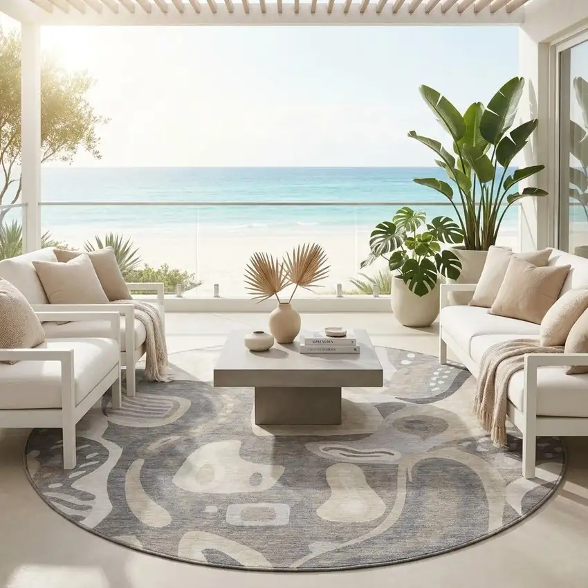 8' Taupe And Beige Round Abstract Washable Indoor Outdoor Area Rug Photo 1