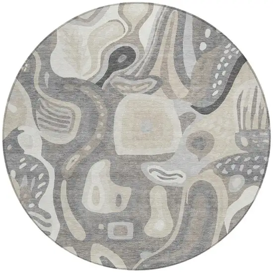 8' Taupe And Beige Round Abstract Washable Indoor Outdoor Area Rug Photo 4
