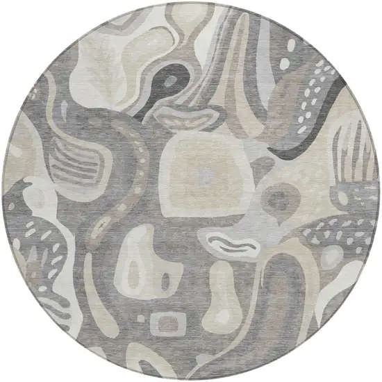 8' Taupe And Beige Round Abstract Washable Indoor Outdoor Area Rug Photo 2