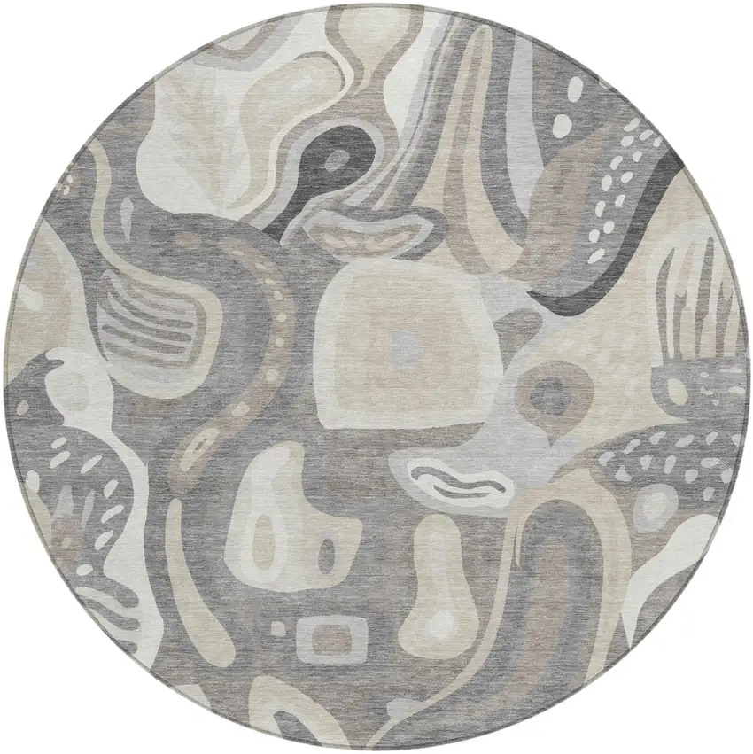 8' Taupe And Beige Round Abstract Washable Indoor Outdoor Area Rug Photo 2