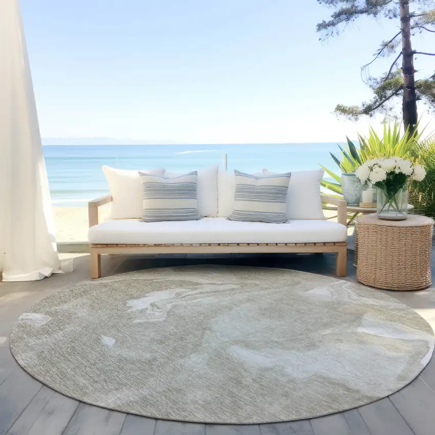 8' Taupe And Beige Round Abstract Washable Indoor Outdoor Area Rug Photo 6
