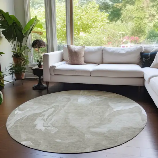 8' Taupe And Beige Round Abstract Washable Indoor Outdoor Area Rug Photo 7