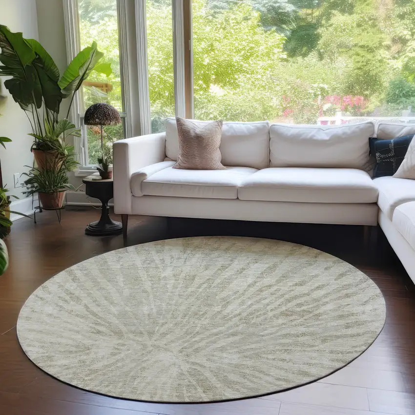 8' Taupe And Beige Round Abstract Washable Indoor Outdoor Area Rug Photo 7