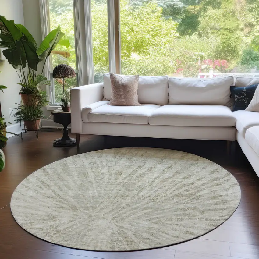 8' Taupe And Beige Round Abstract Washable Indoor Outdoor Area Rug Photo 7