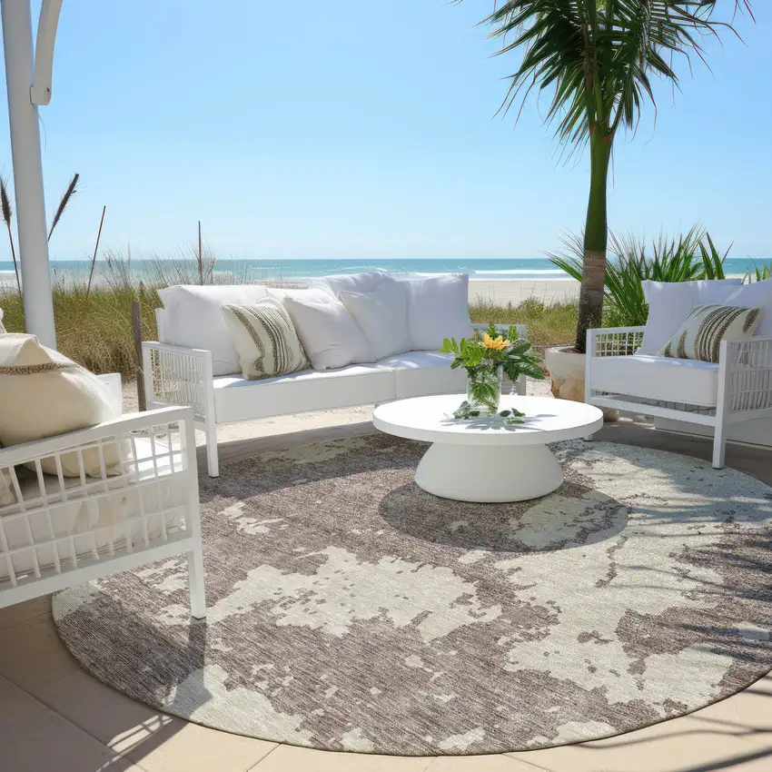 8' Taupe And Beige Round Abstract Washable Indoor Outdoor Area Rug Photo 6
