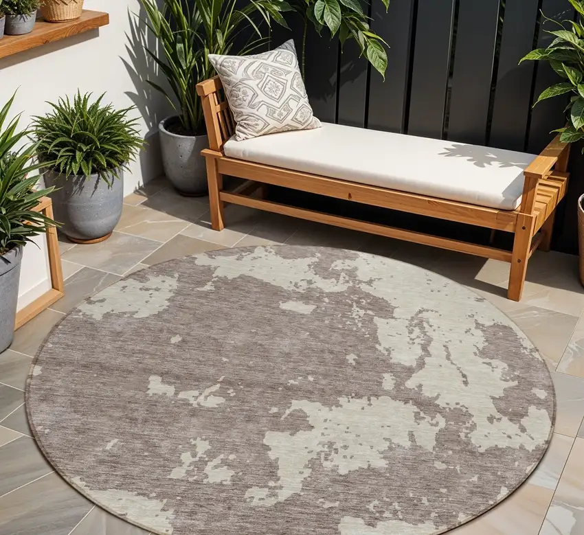 8' Taupe And Beige Round Abstract Washable Indoor Outdoor Area Rug Photo 1