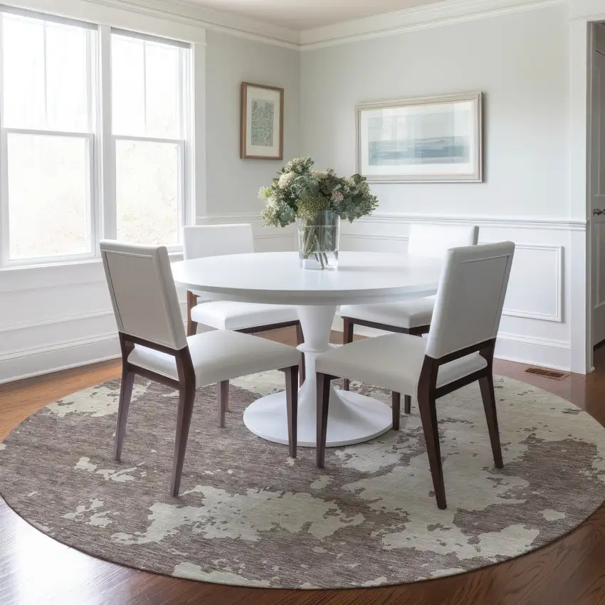 8' Taupe And Beige Round Abstract Washable Indoor Outdoor Area Rug Photo 7