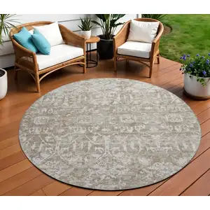 Photo of 8' Taupe And Beige Round Damask Washable Indoor Outdoor Area Rug
