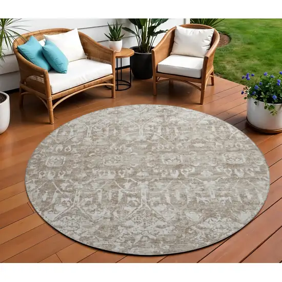 8' Taupe And Beige Round Damask Washable Indoor Outdoor Area Rug Photo 1