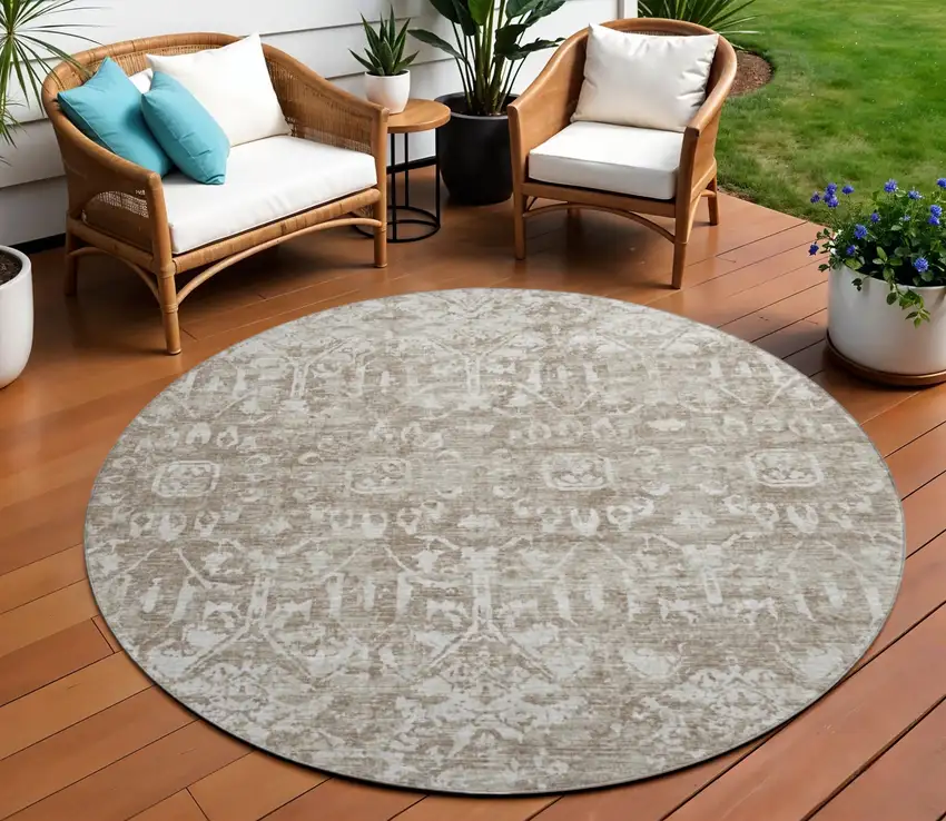 8' Taupe And Beige Round Damask Washable Indoor Outdoor Area Rug Photo 1