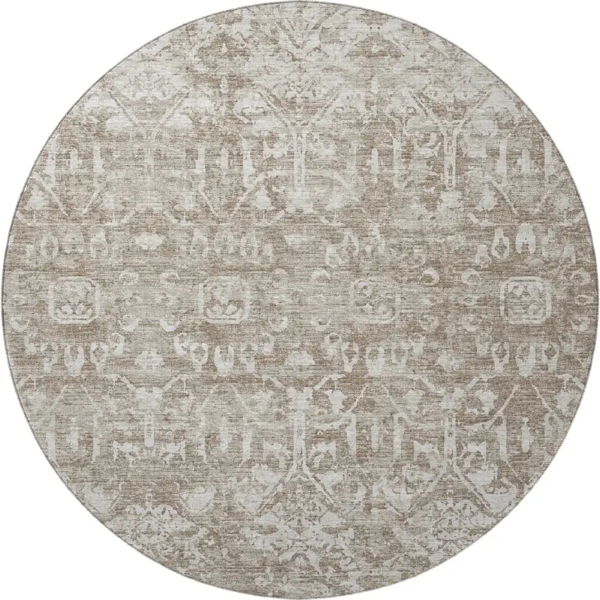 8' Taupe And Beige Round Damask Washable Indoor Outdoor Area Rug Photo 5