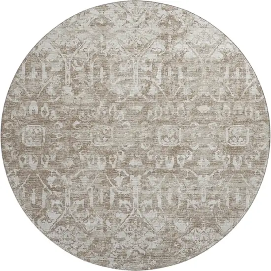 8' Taupe And Beige Round Damask Washable Indoor Outdoor Area Rug Photo 2