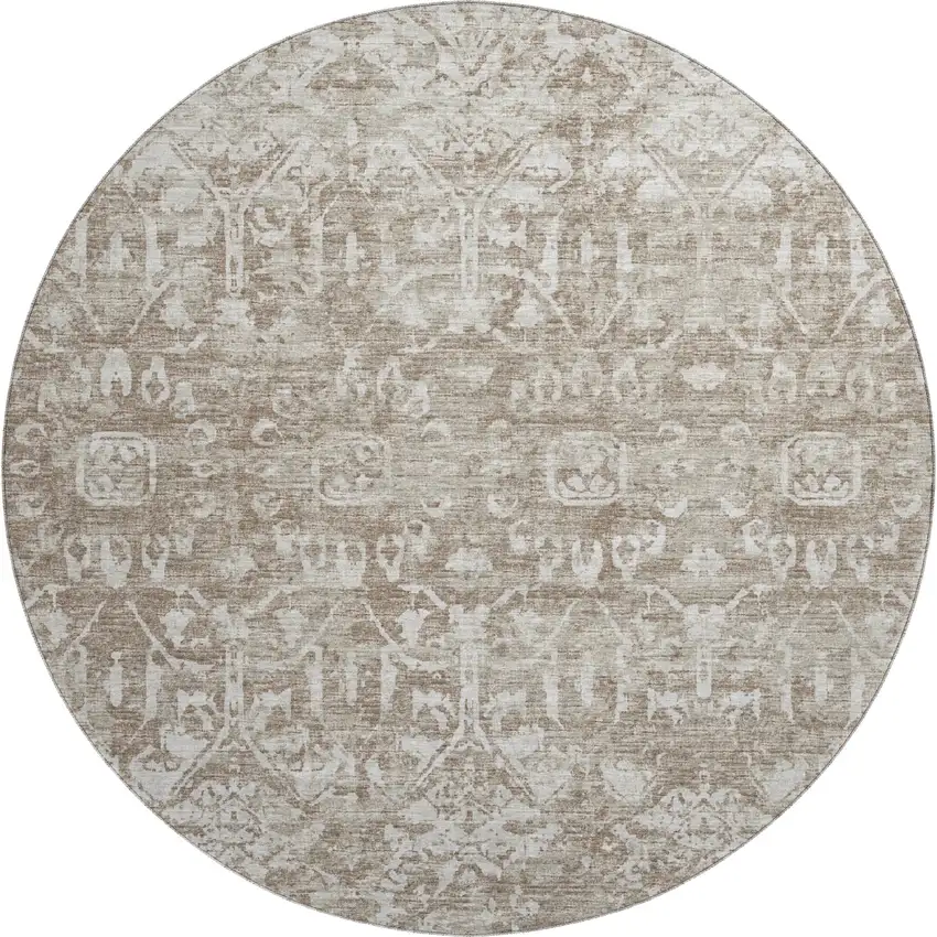 8' Taupe And Beige Round Damask Washable Indoor Outdoor Area Rug Photo 2